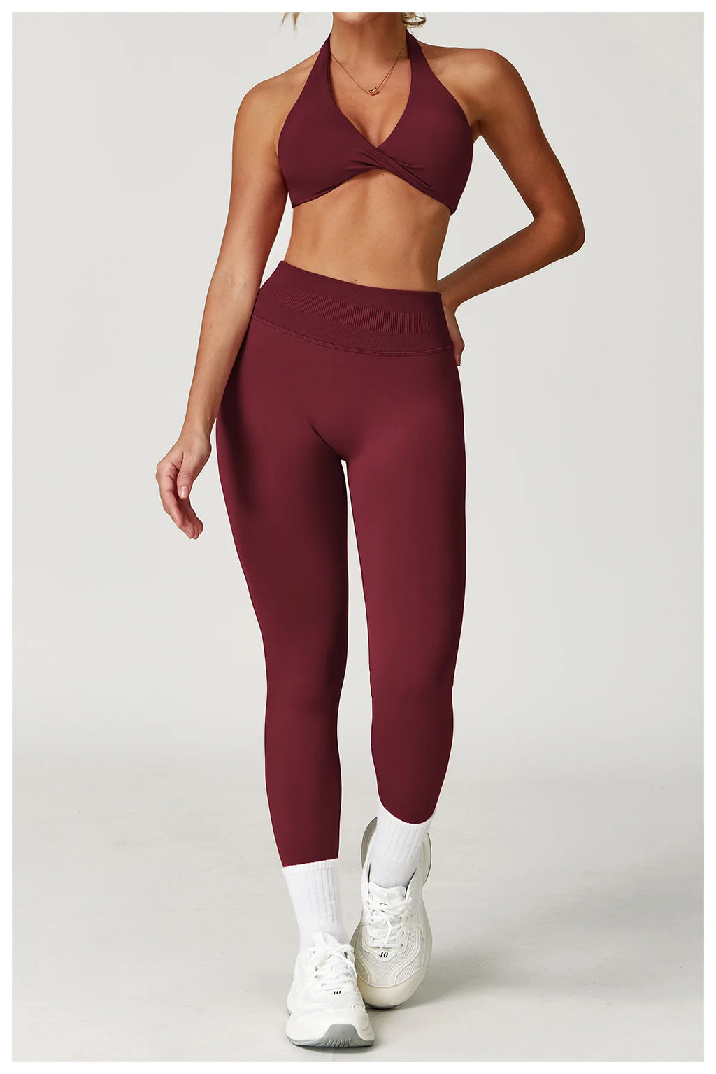 Xooie Fit women's twist bra and high waist leggings set in maroon for stylish workouts