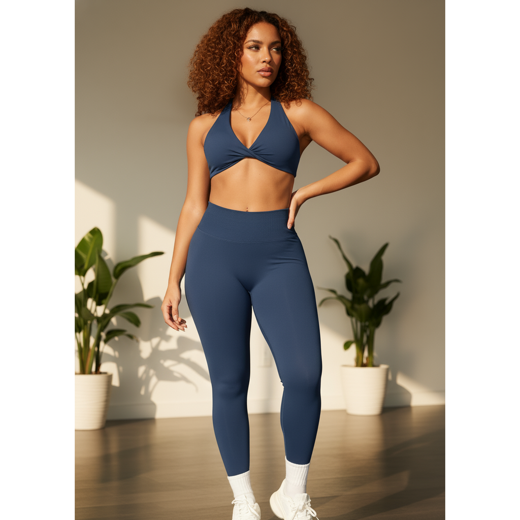 Xooie Fit women's twist bra and high waist leggings set in blue for stylish workouts