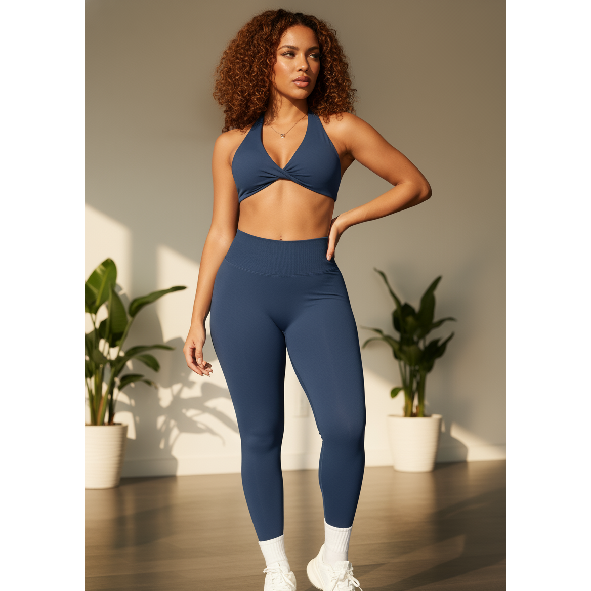Xooie Fit women's twist bra and high waist leggings set in blue for stylish workouts