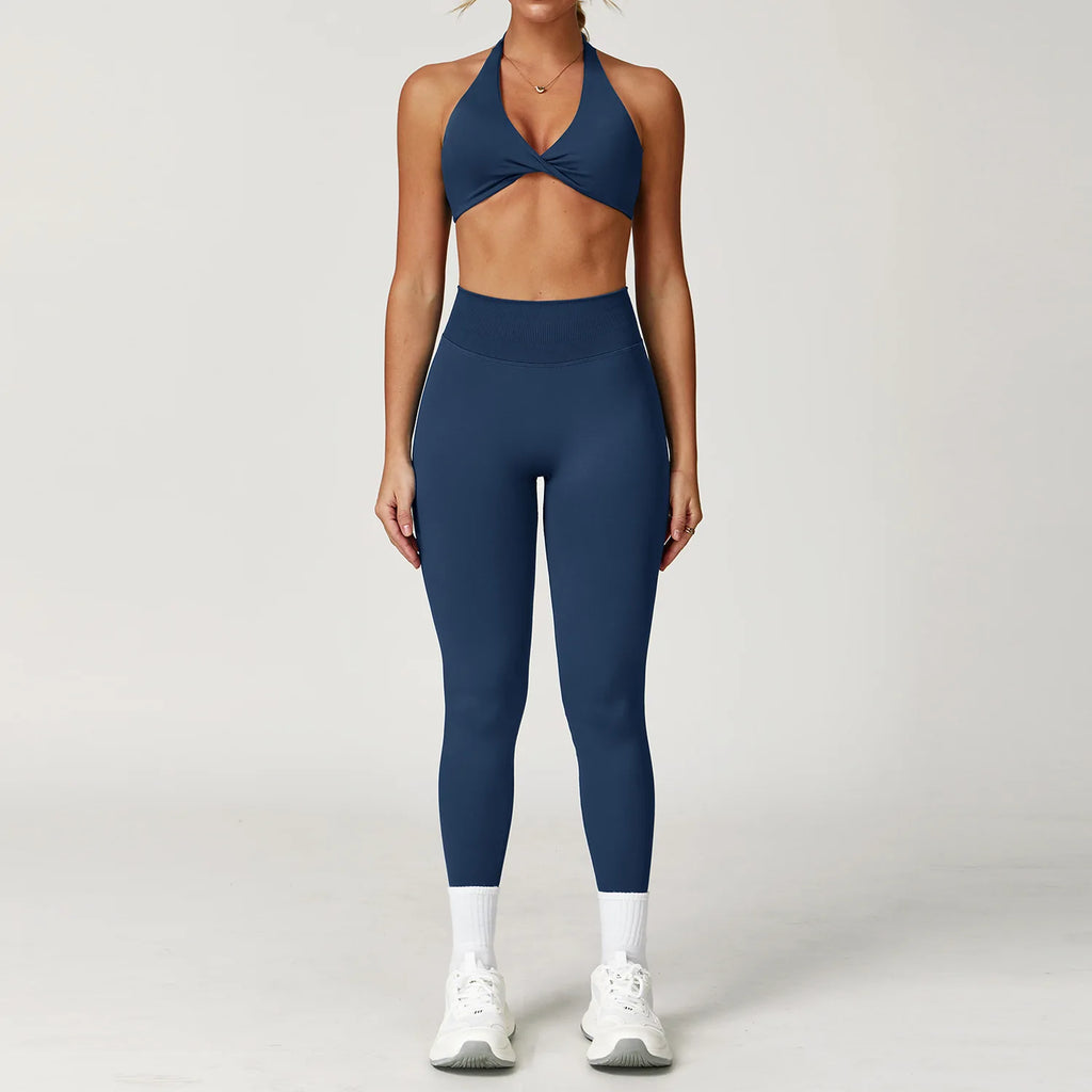 Xooie Fit women's twist bra and high waist leggings set in navy for stylish workouts