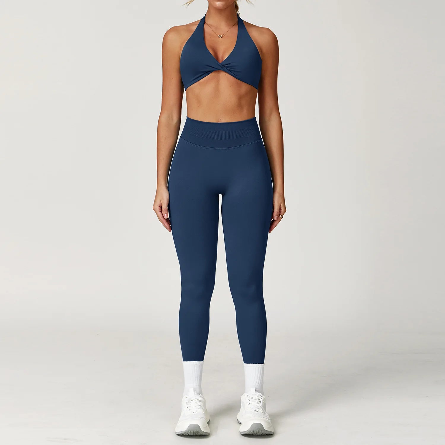 Xooie Fit women's twist bra and high waist leggings set in navy for stylish workouts