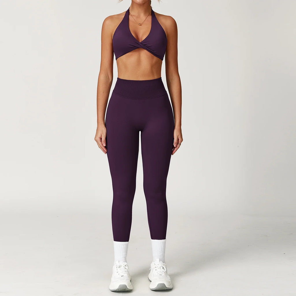 Xooie Fit women's twist bra and high waist leggings set in purple, perfect for activewear outings