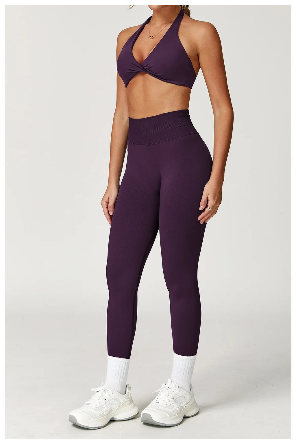 Xooie Fit women's twist bra and high waist leggings set in purple for stylish workouts