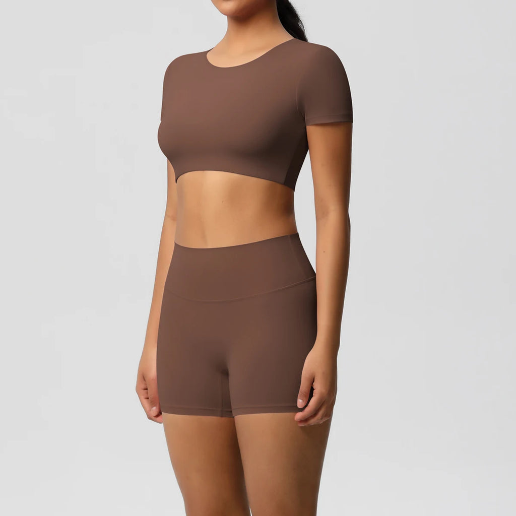 Xooie Fit women's workout crop top and shorts set in brown with short sleeves and high waist shorts