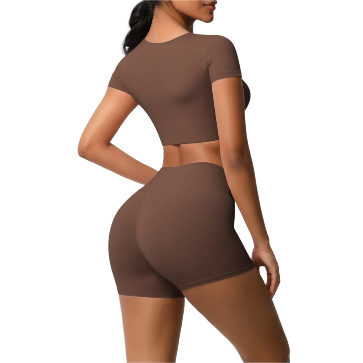 Xooie Fit women's workout crop top and shorts set in brown with short sleeves and high-waisted shorts