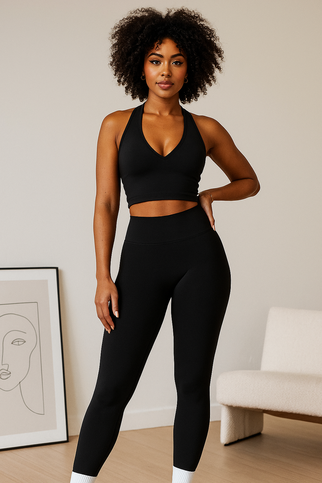 Xooie Fit black women's workout matching set with sleeveless crop top and high-waisted leggings