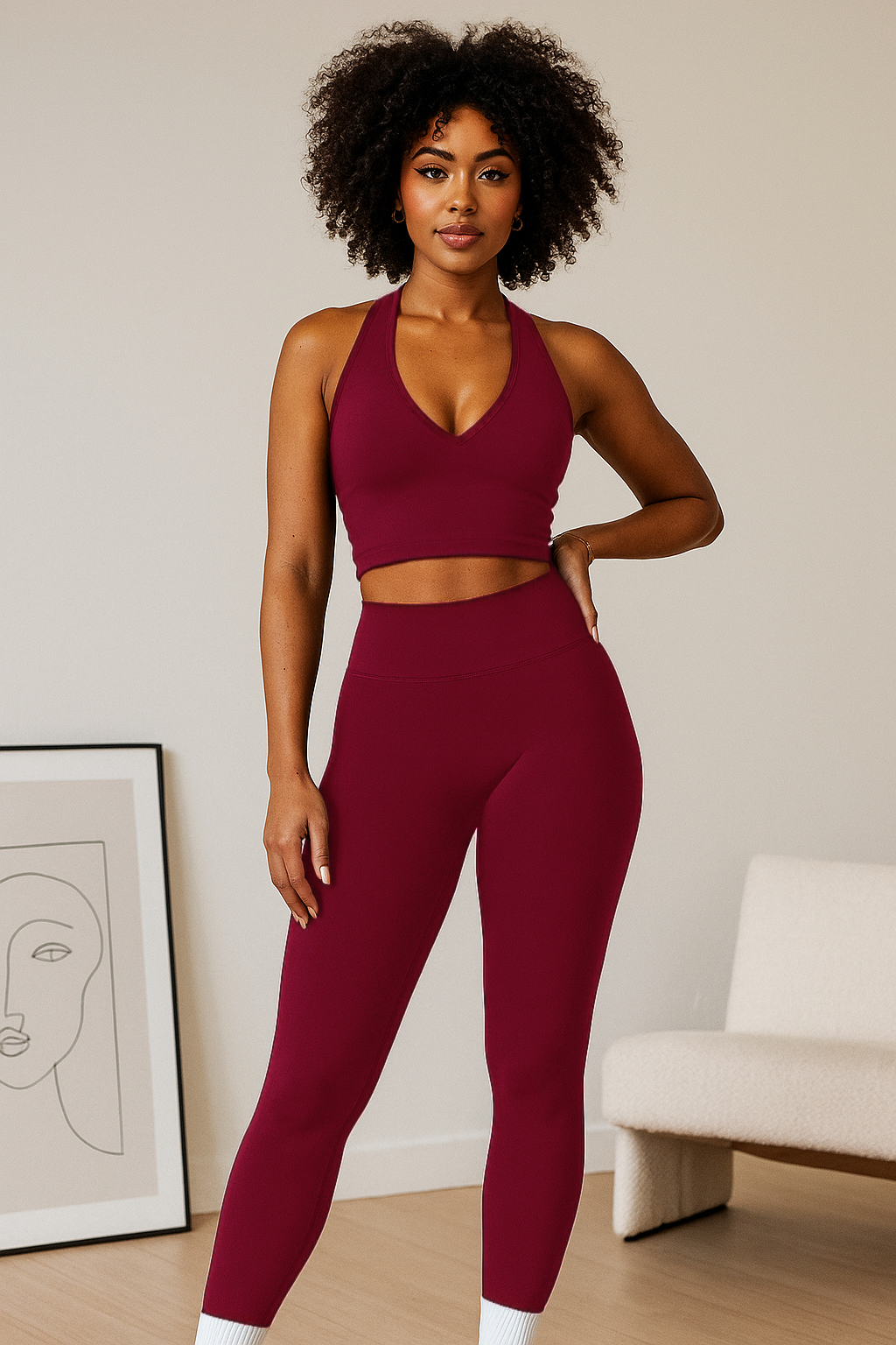 Xooie Fit women's workout matching set in deep burgundy with halter crop top and high-waisted leggings
