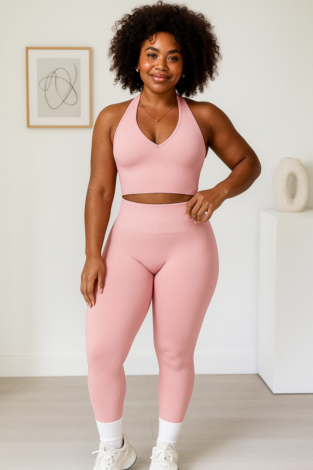 Xooie Fit women's workout matching set in pink two-piece with high-waisted leggings and halter top
