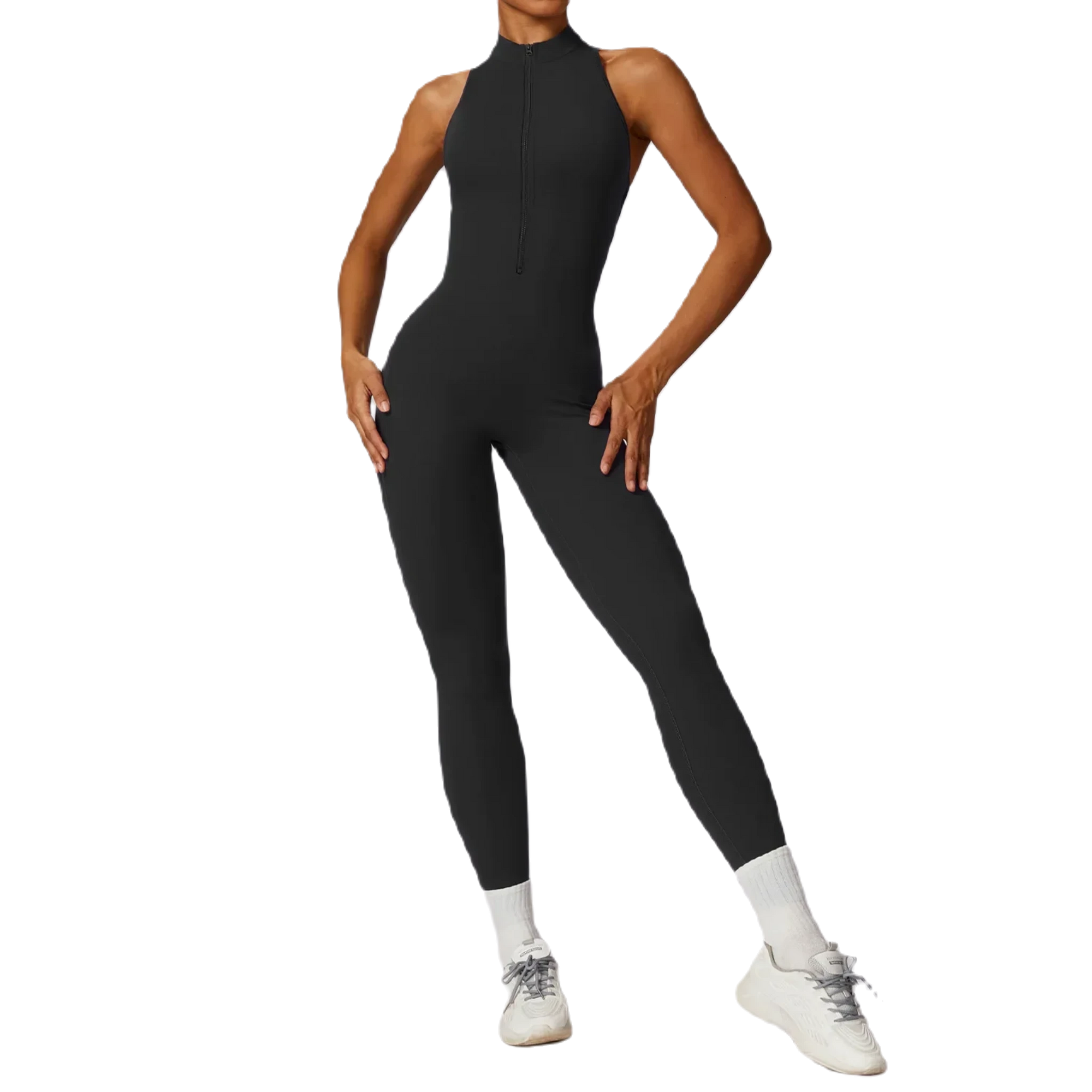 Xooie Fit women's workout onesie in black, featuring a sleek design and high neckline for peak performance