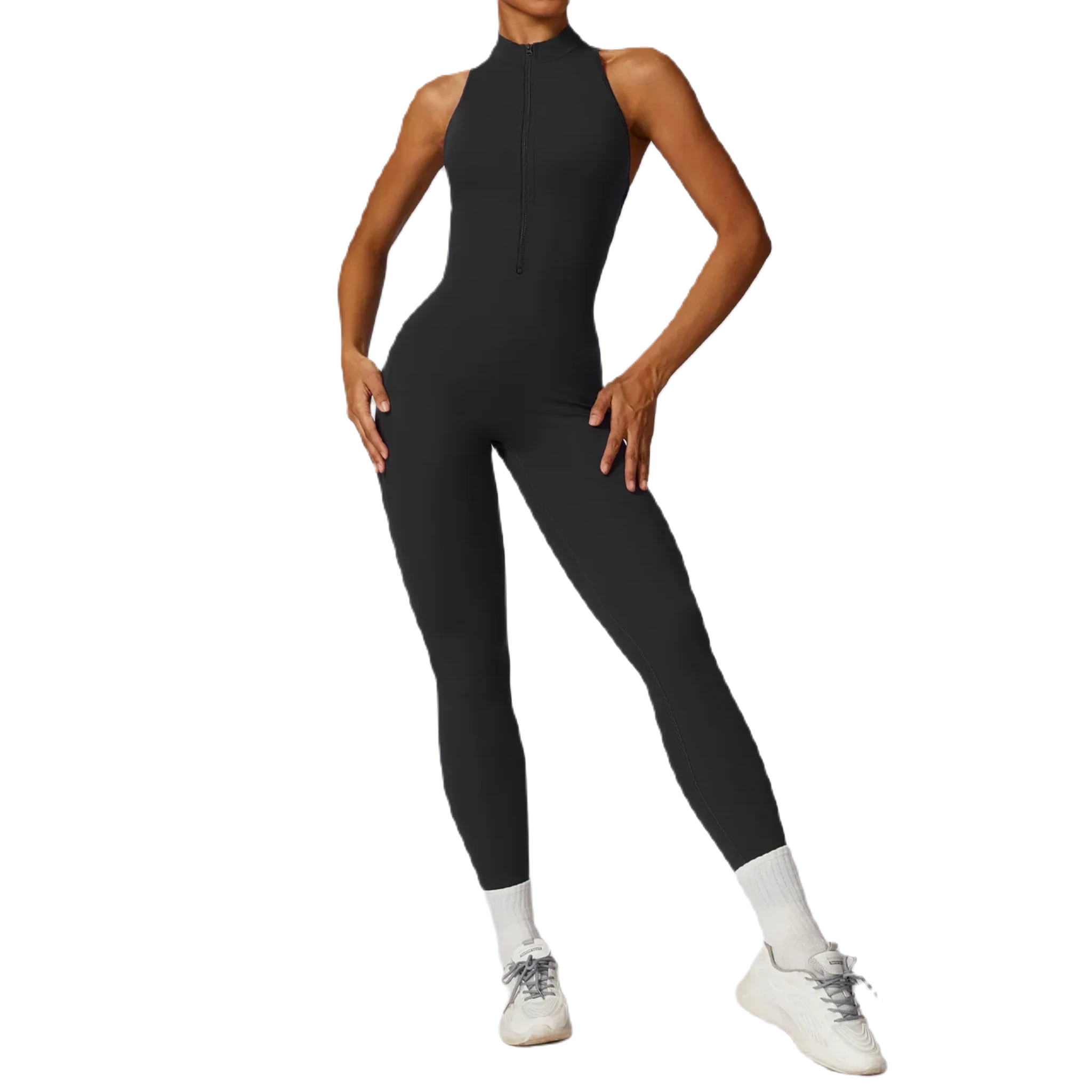 Xooie Fit women's workout onesie in black, featuring a sleek design and high neckline for peak performance