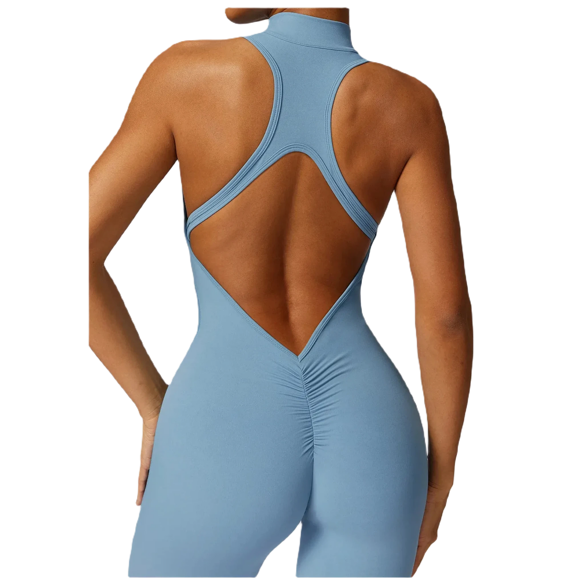 Xooie Fit women's workout onesie in blue back view close up with a zip front and sleek design for comfort and style