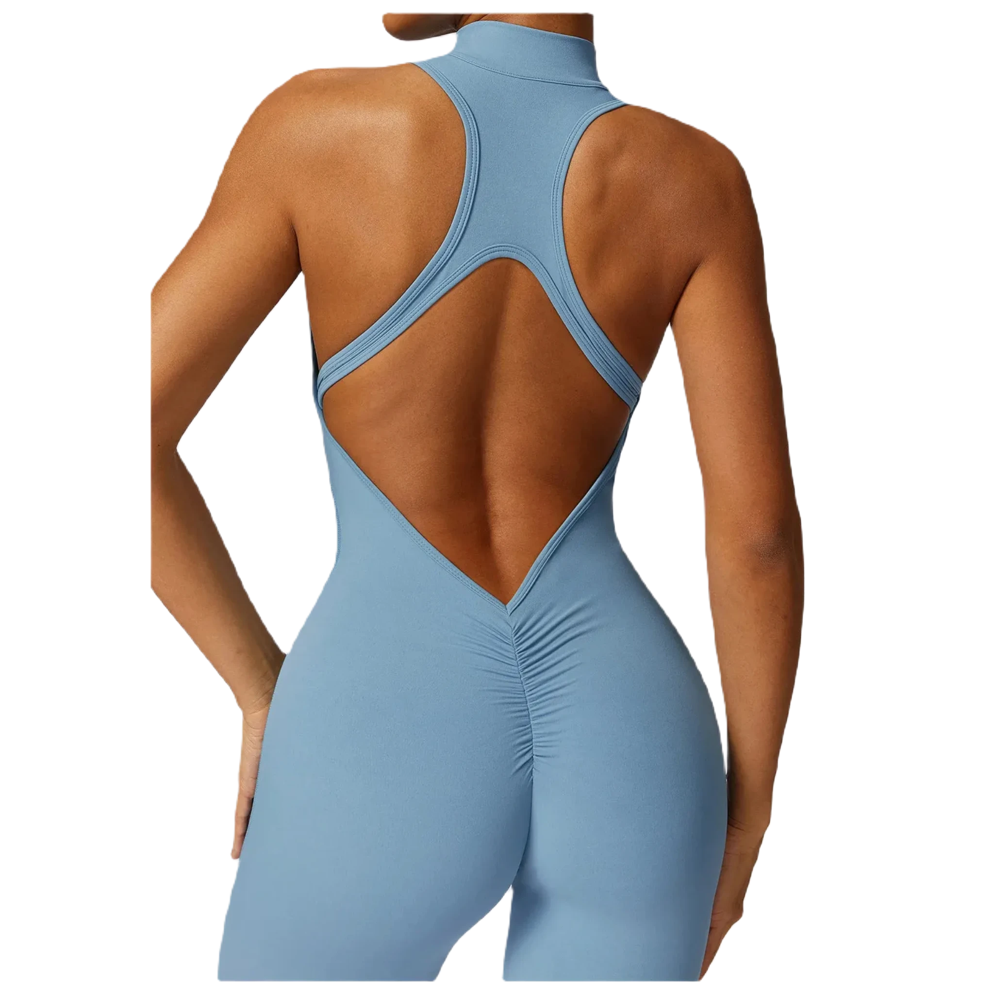 Xooie Fit women's workout onesie in blue back view close up with a zip front and sleek design for comfort and style