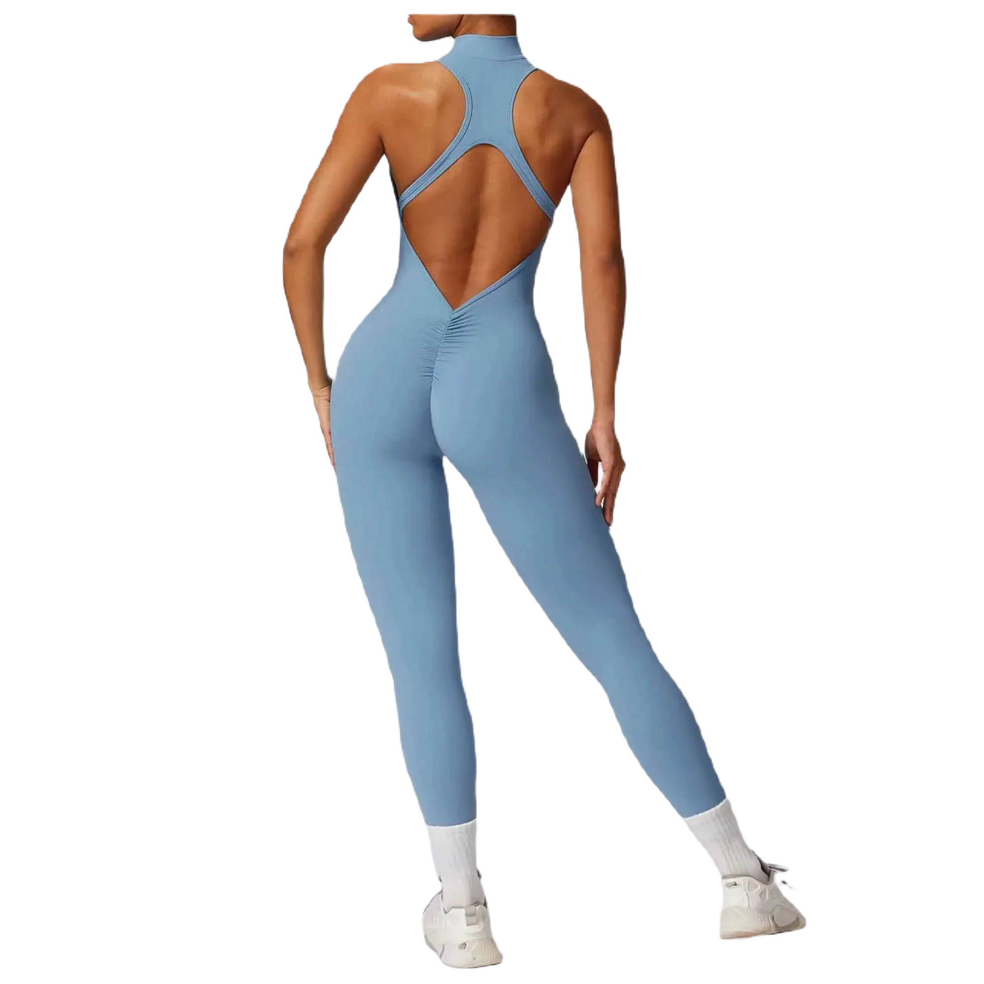 Xooie Fit women's workout onesie in blue back with a zip front and sleek design for comfort and style