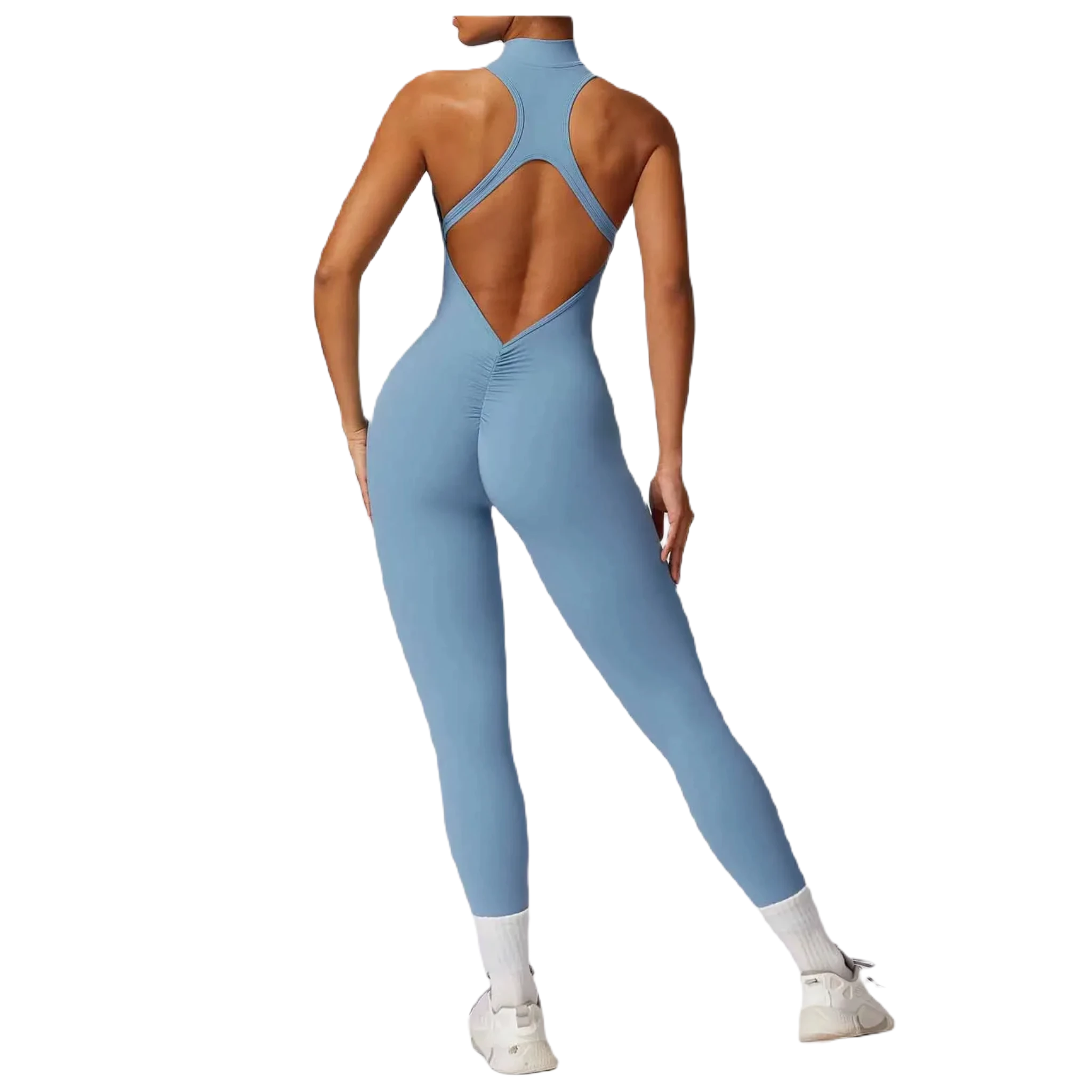 Xooie Fit women's workout onesie in blue back with a zip front and sleek design for comfort and style