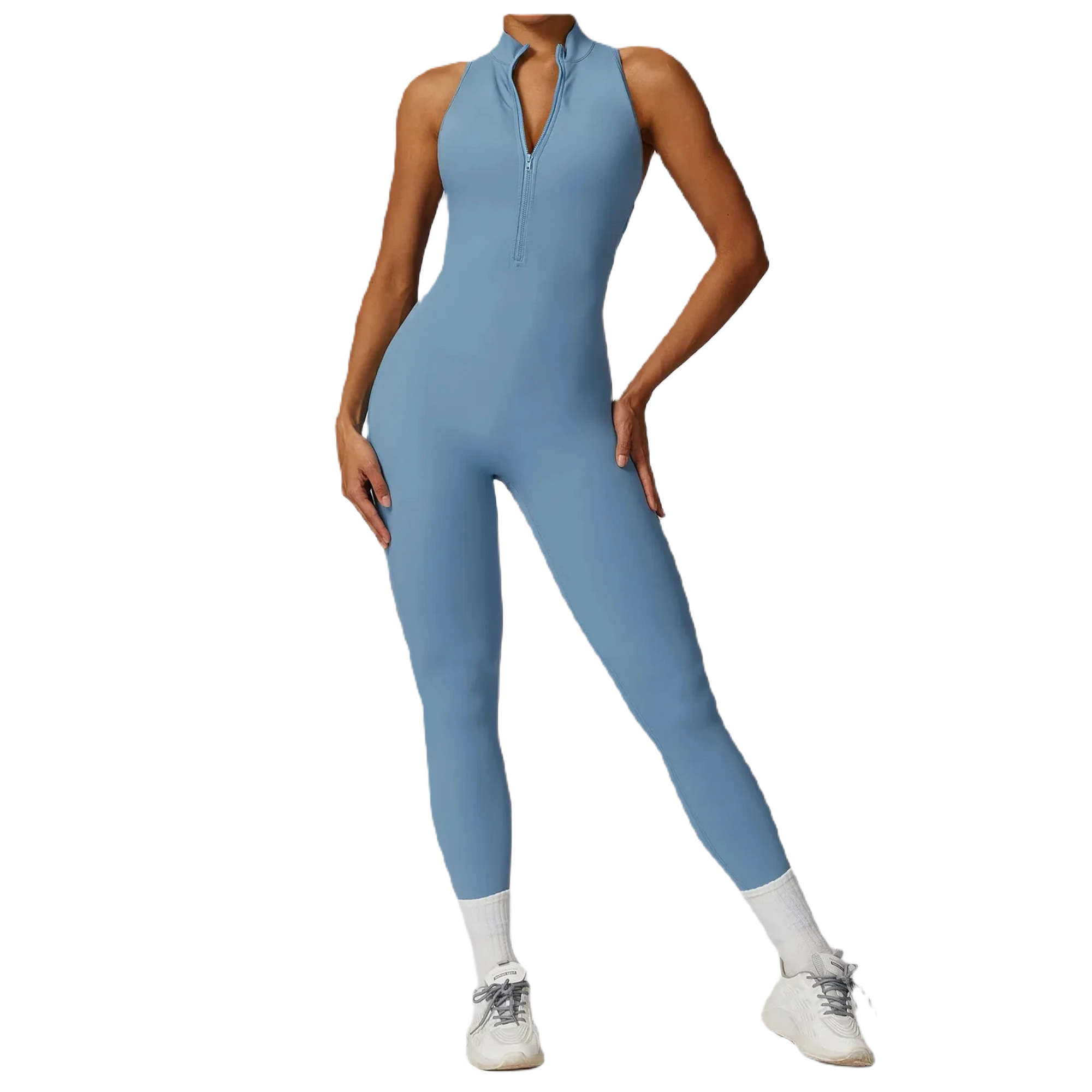 Xooie Fit women's workout onesie in blue with a zip front and sleek design for comfort and style