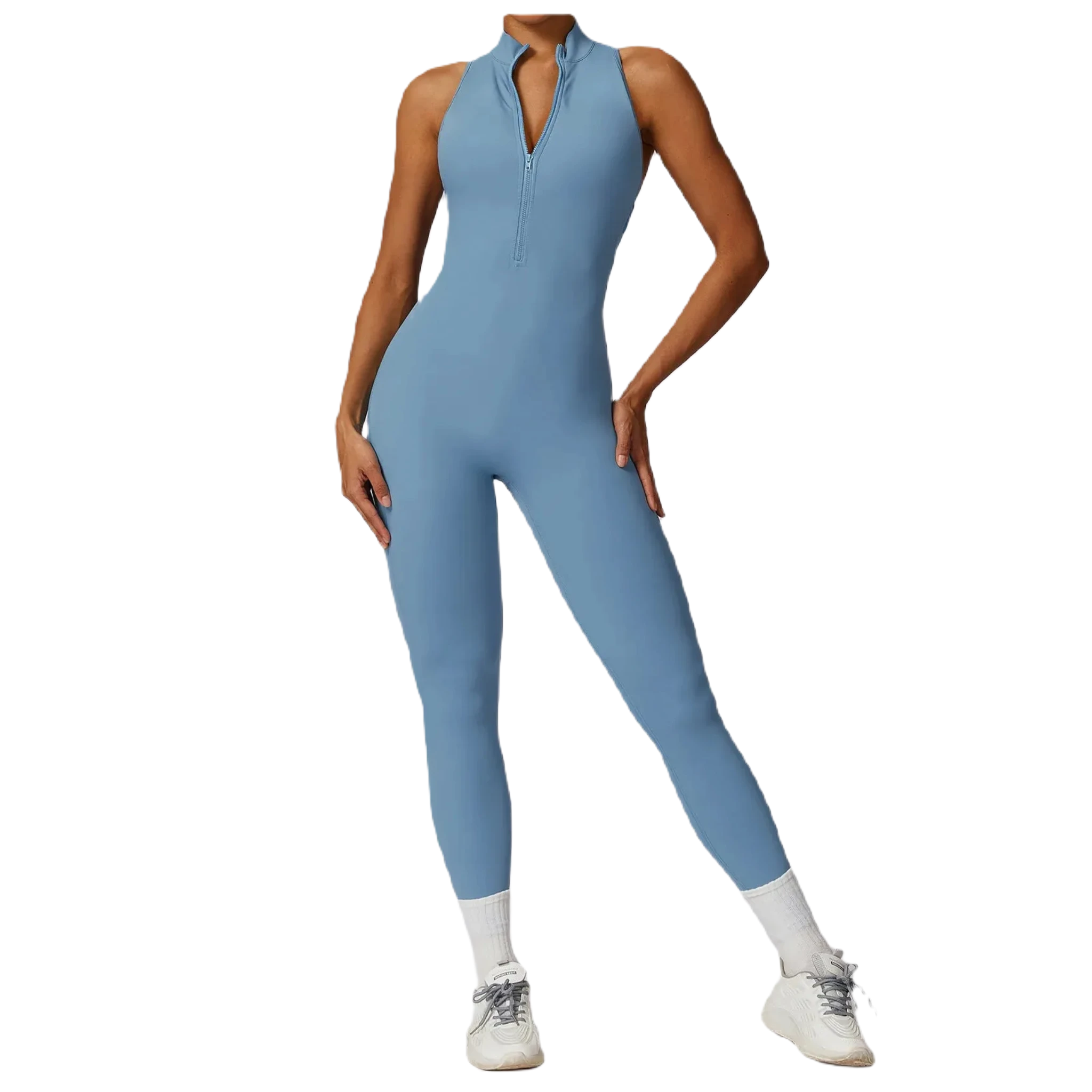 Xooie Fit women's workout onesie in blue with a zip front and sleek design for comfort and style
