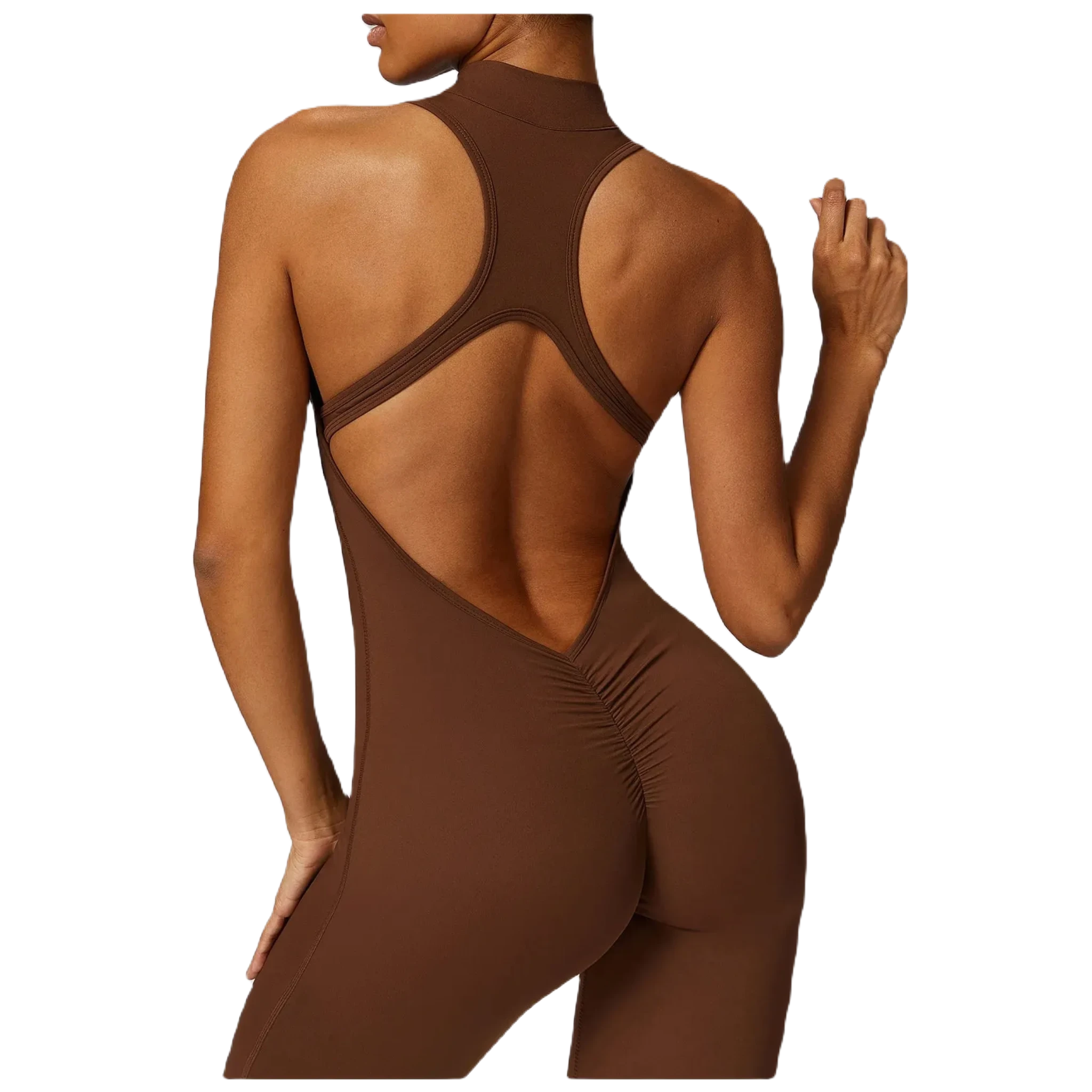 Xooie Fit women's workout onesie in brown with a stylish back design for comfort and flexibility
