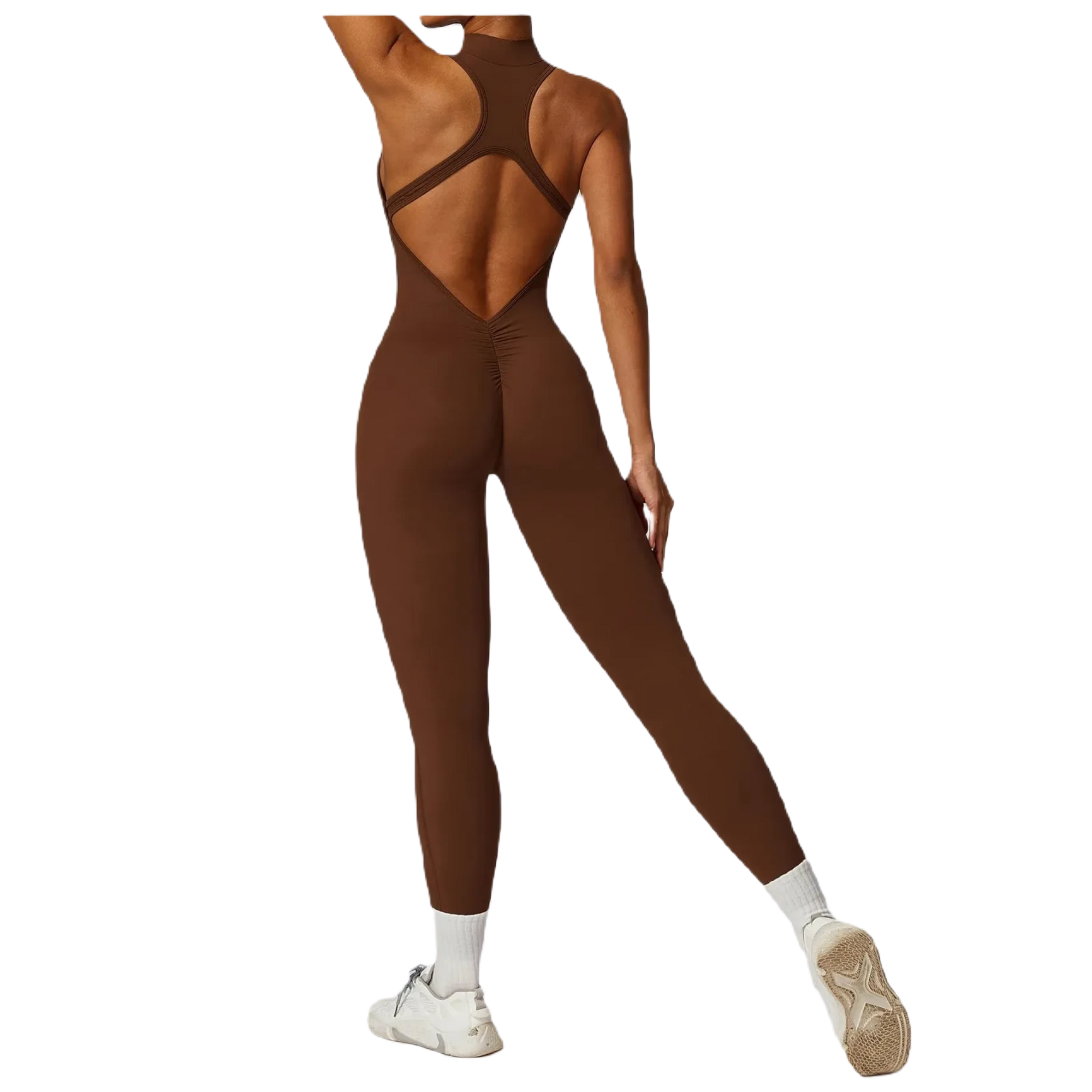 Xooie Fit women's workout onesie in brown with open back design and fitted legs for active performance