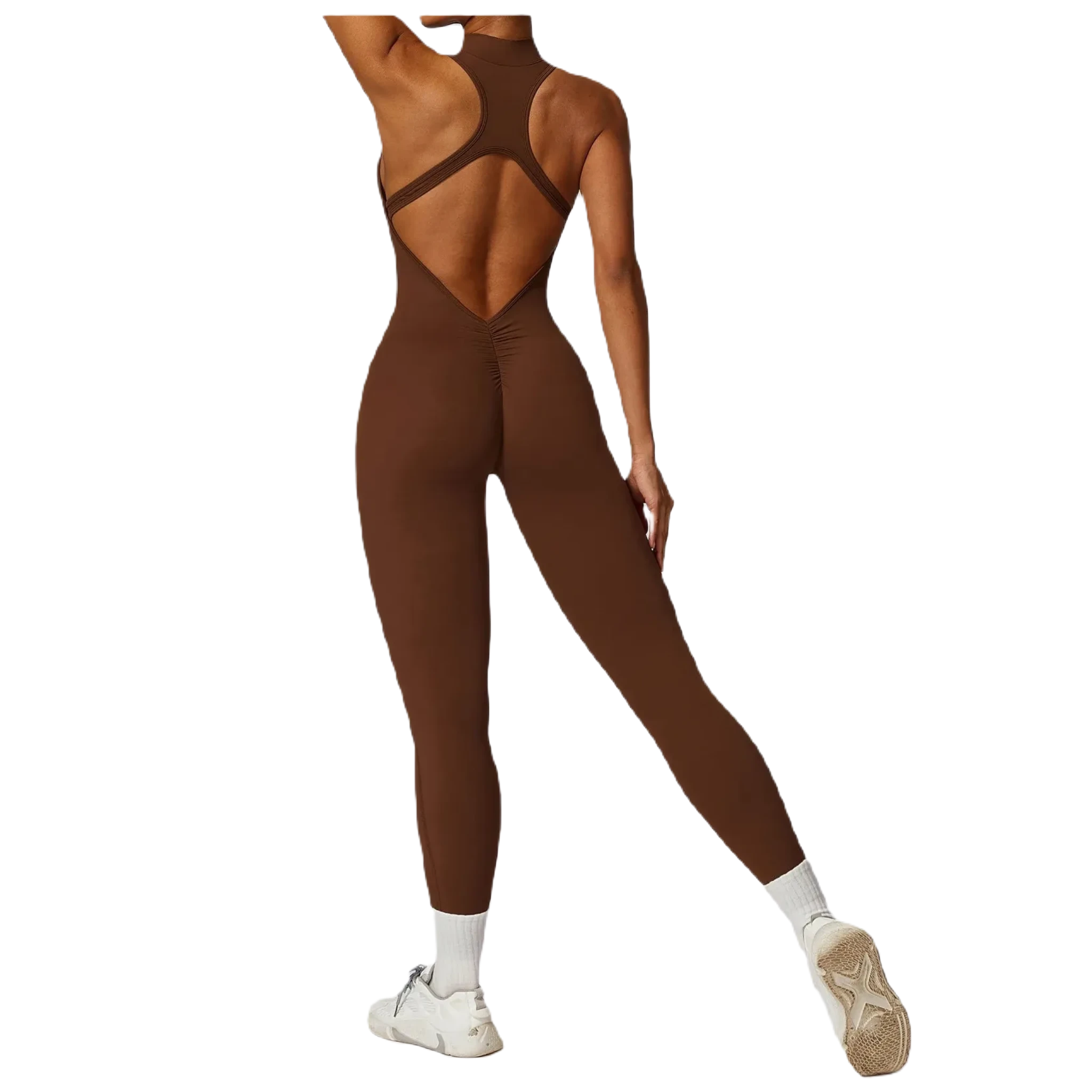 Xooie Fit women's workout onesie in brown with open back design and fitted legs for active performance