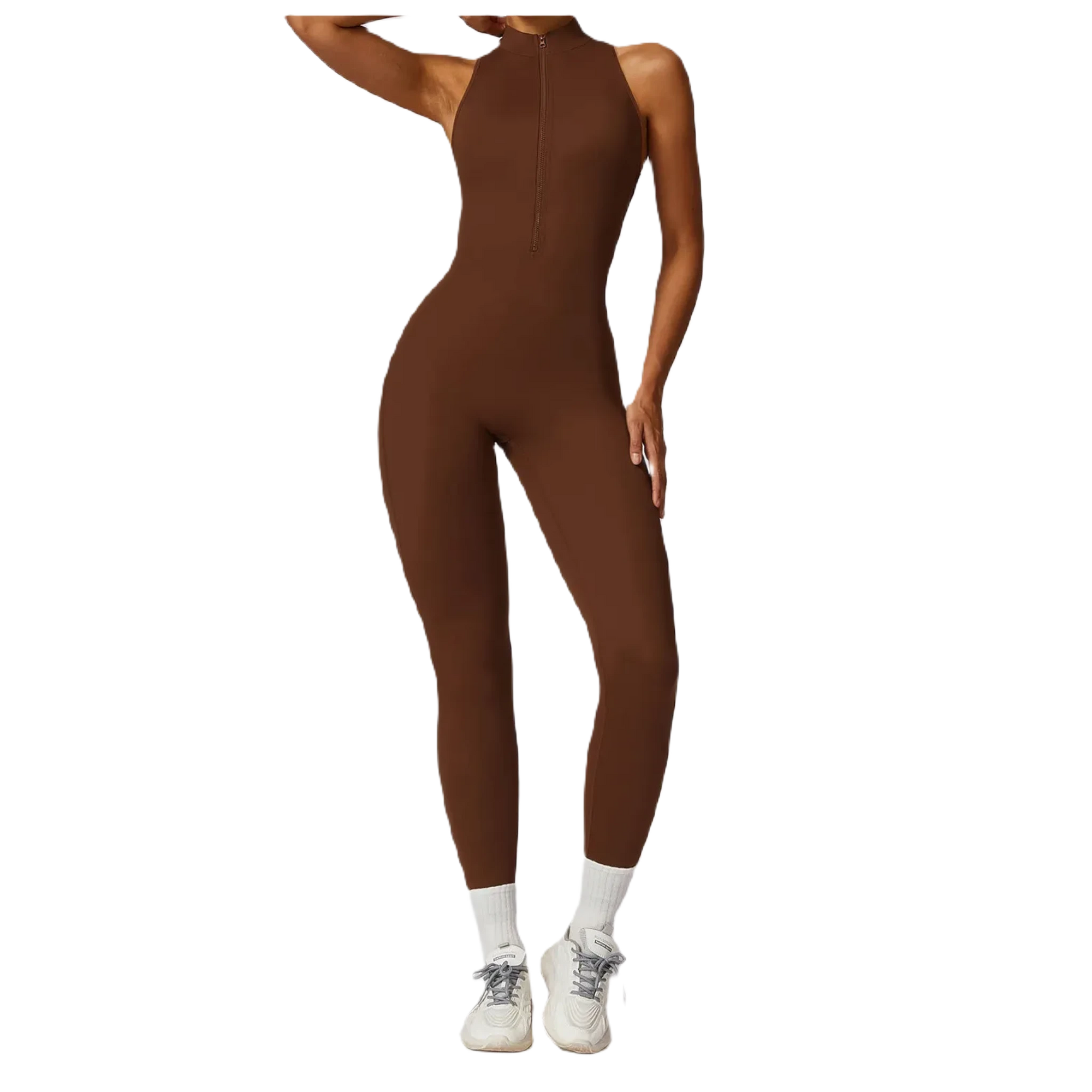 Xooie Fit women's workout onesie in brown with a zip front and sleek design for comfort and style