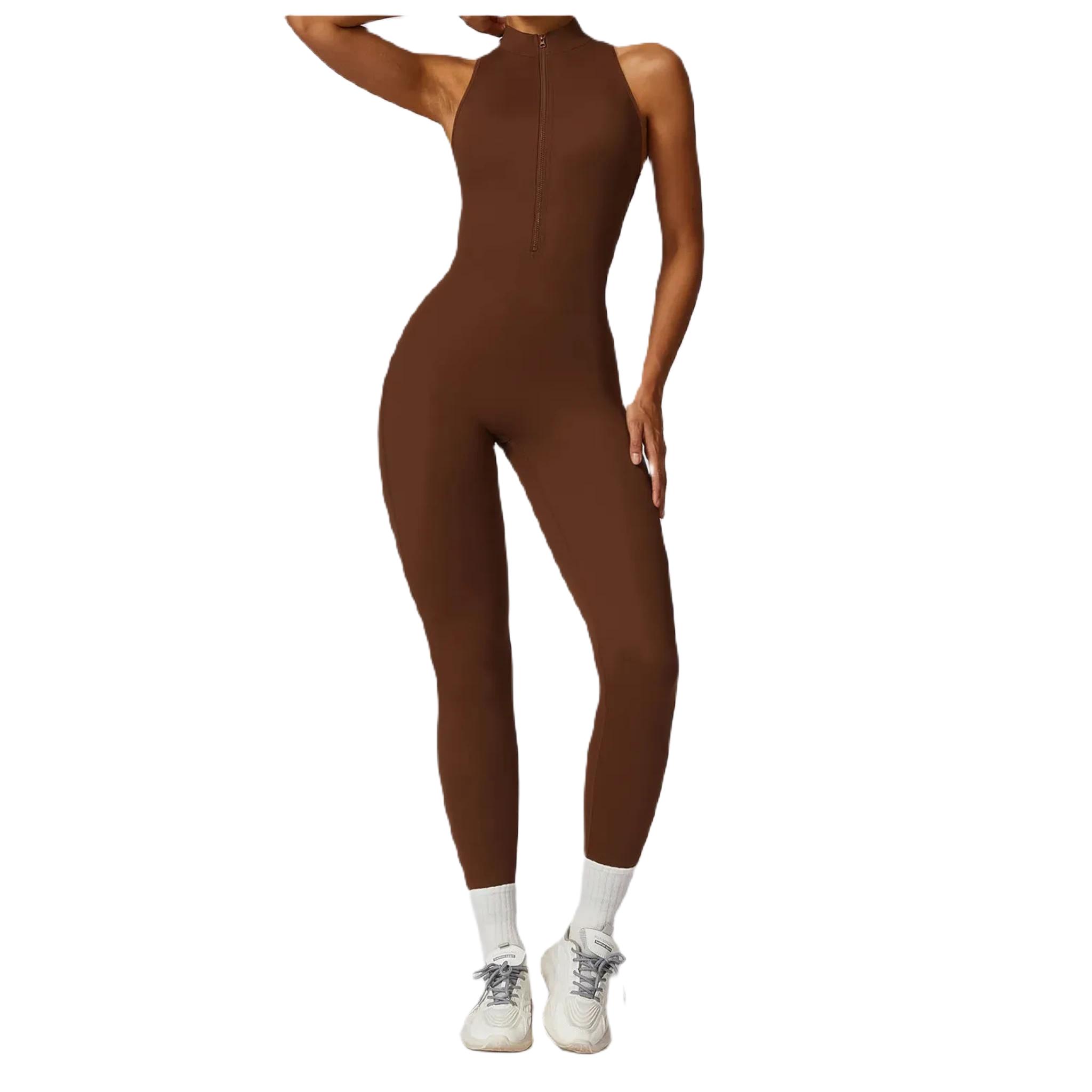 Xooie Fit women's workout onesie in brown with a zip front and sleek design for comfort and style