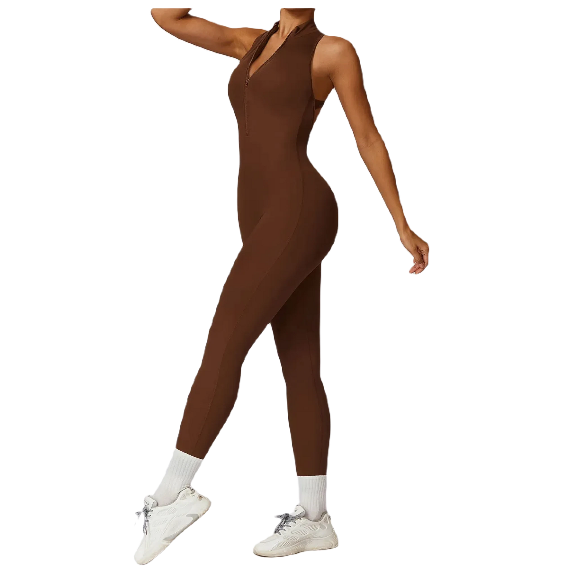 Xooie Fit women's workout onesie in brown with a stylish cut and full leg coverage for comfortable exercise