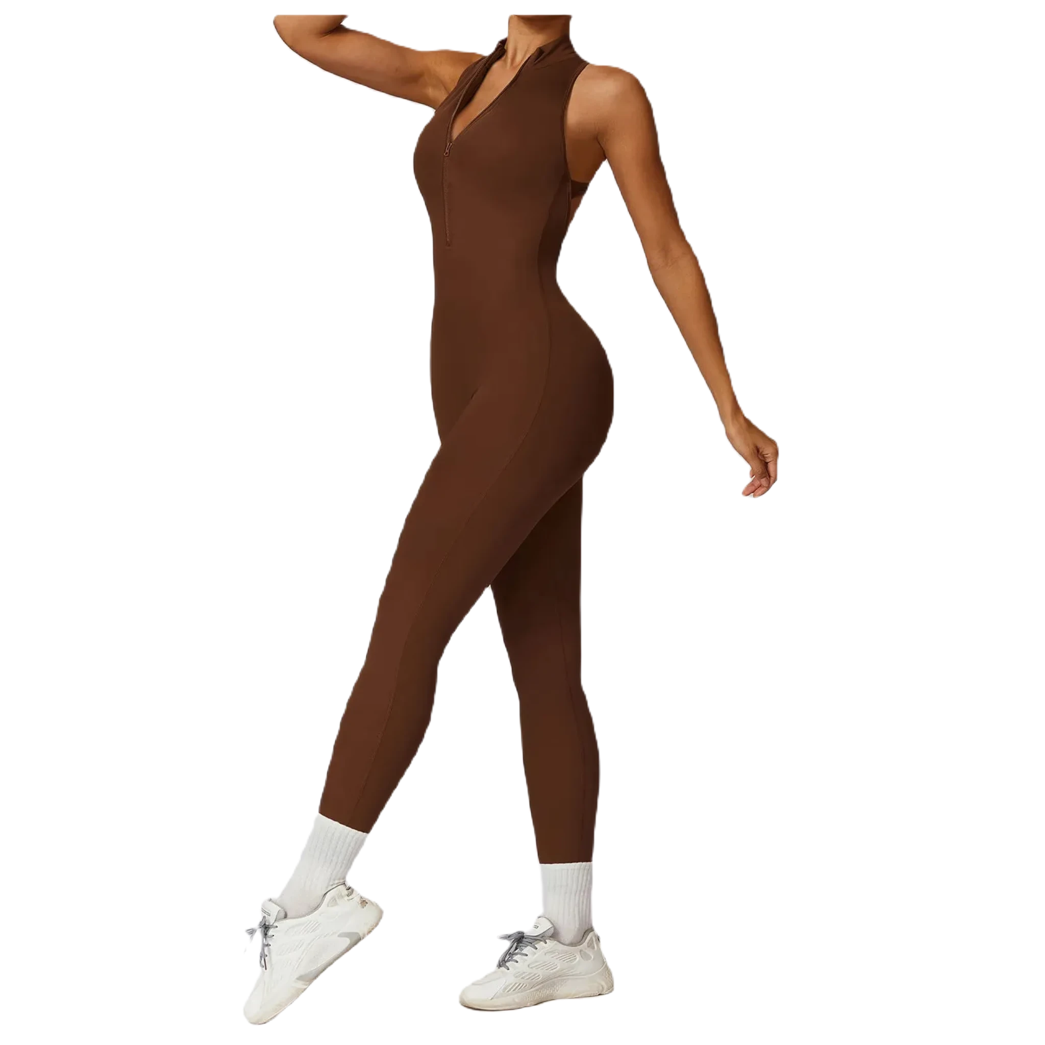 Xooie Fit women's workout onesie in brown with a stylish cut and full leg coverage for comfortable exercise