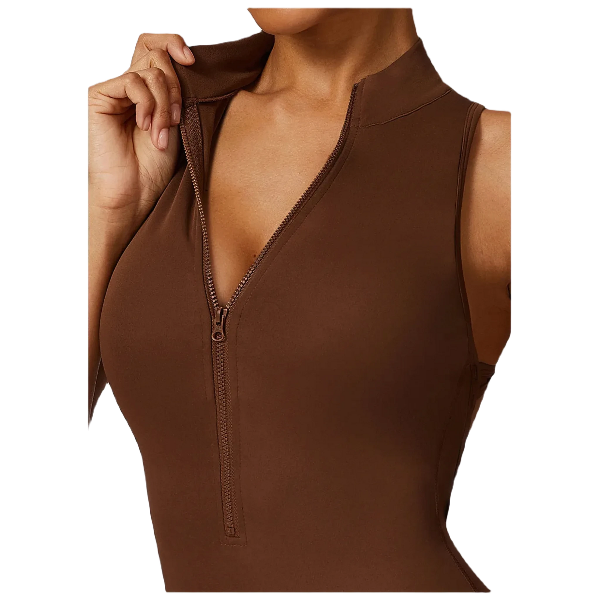 Xooie Fit Women's Workout Onesie in brown with a zippered front for easy wear during workouts