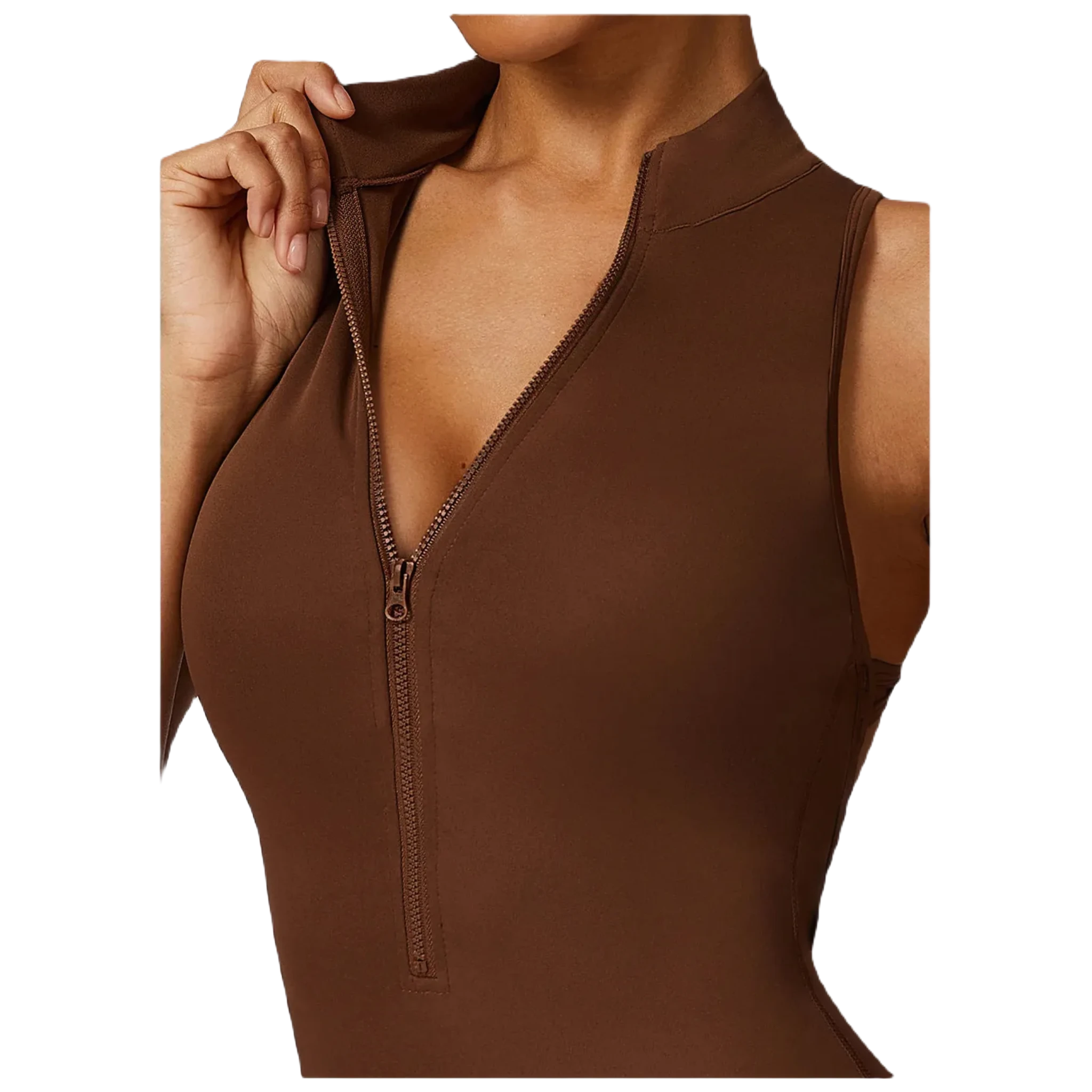 Xooie Fit Women's Workout Onesie in brown with a zippered front for easy wear during workouts