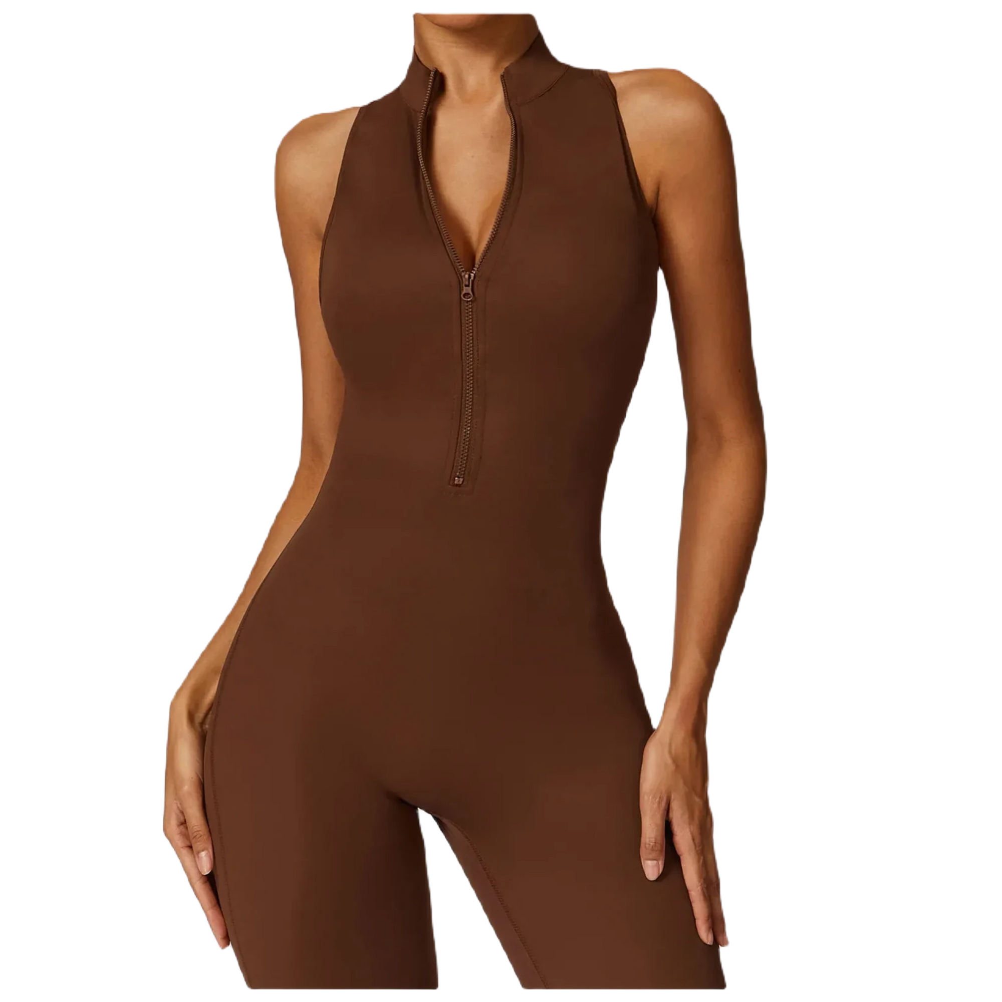 Xooie Fit women's workout onesie in brown close up with a zip front and sleek design for comfort and style