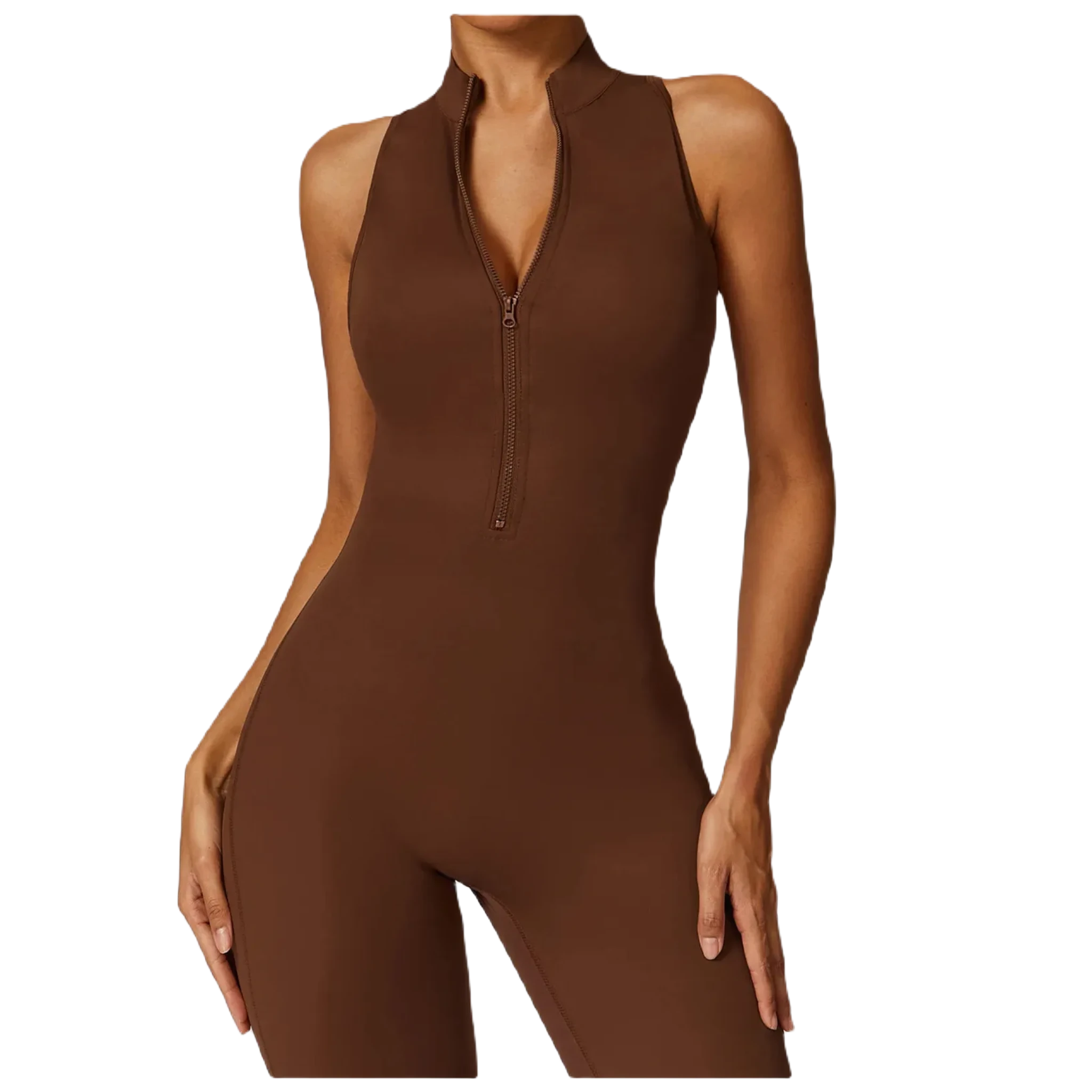 Xooie Fit women's workout onesie in brown close up with a zip front and sleek design for comfort and style