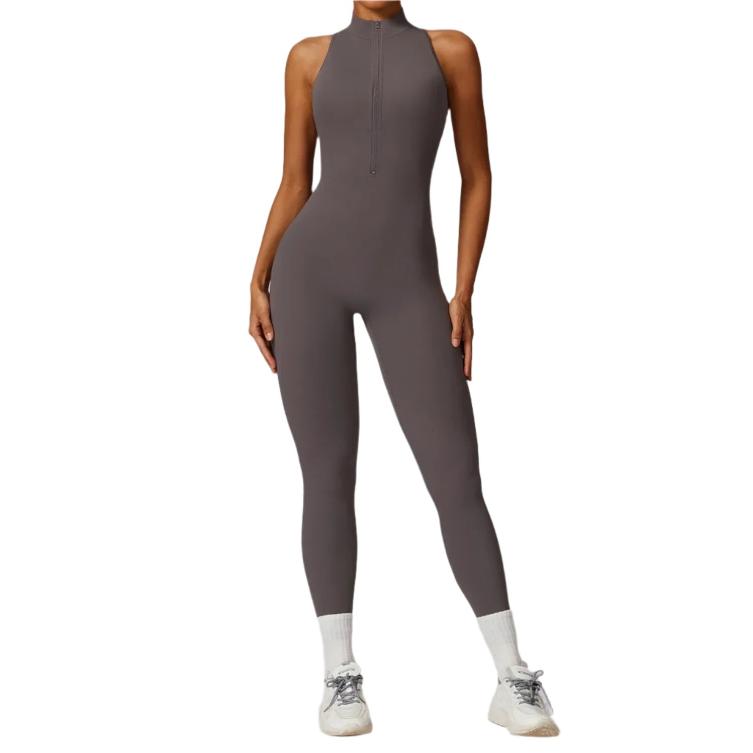 Xooie Fit women's workout onesie in gray with a high neckline and full-length design