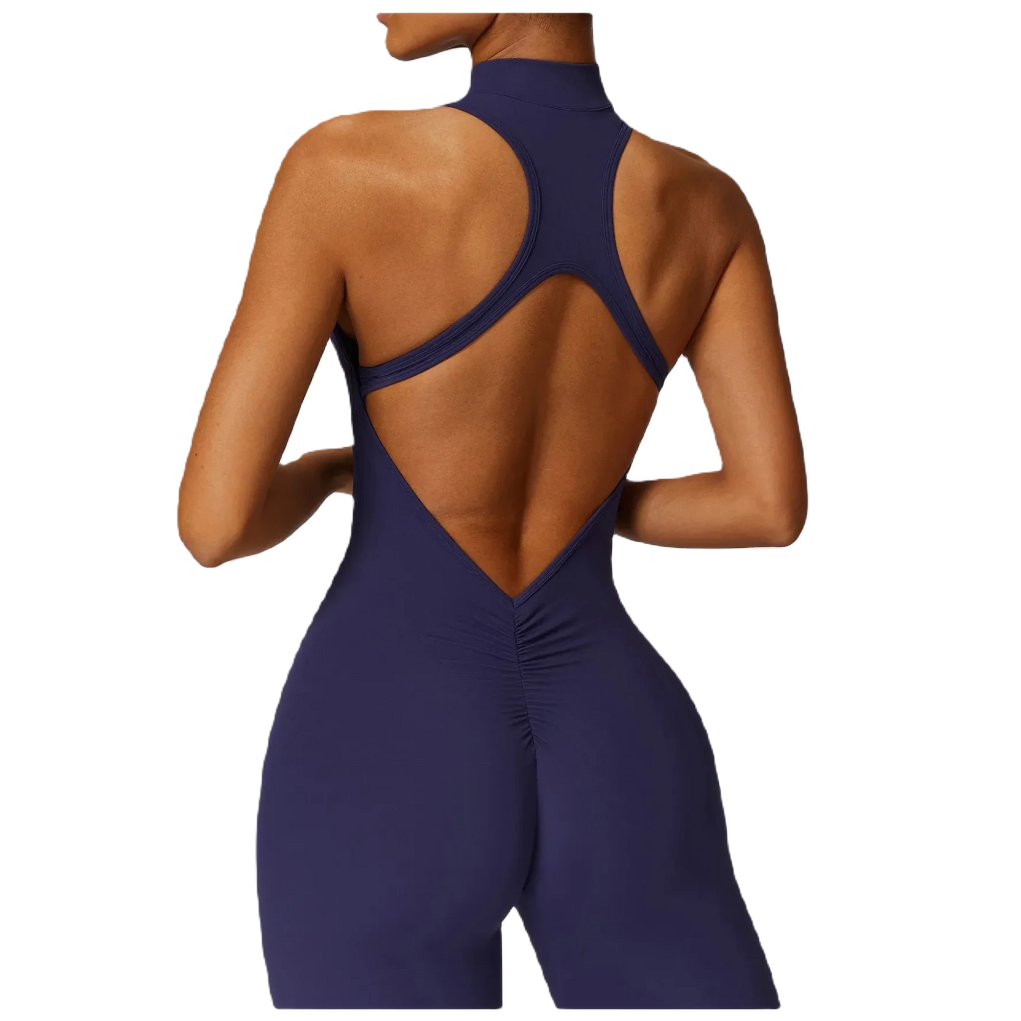 Xooie Fit women's workout onesie in navy back view close up with a zip front and sleek design for comfort and style