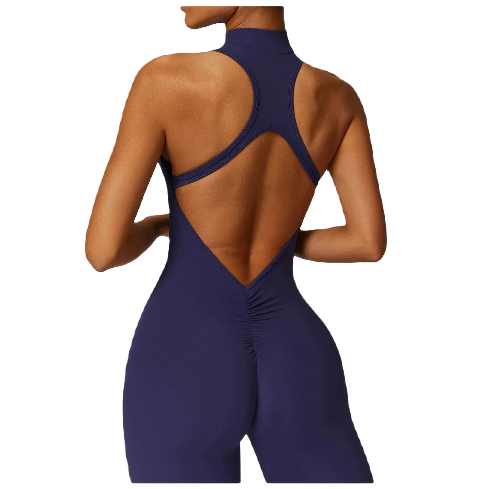 Xooie Fit women's workout onesie in navy back view close up with a zip front and sleek design for comfort and style