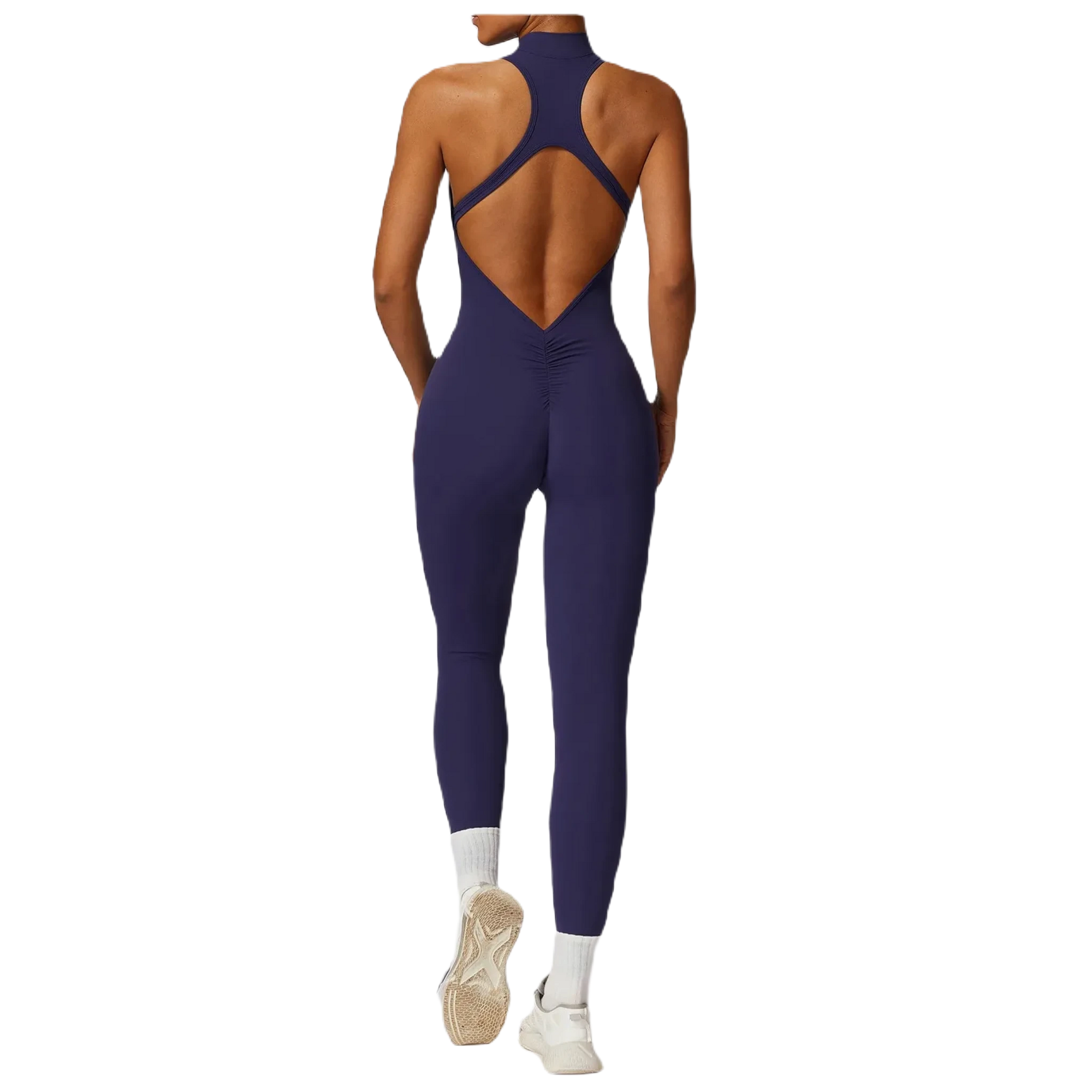 Xooie Fit women's workout onesie in navy back view with a zip front and sleek design for comfort and style