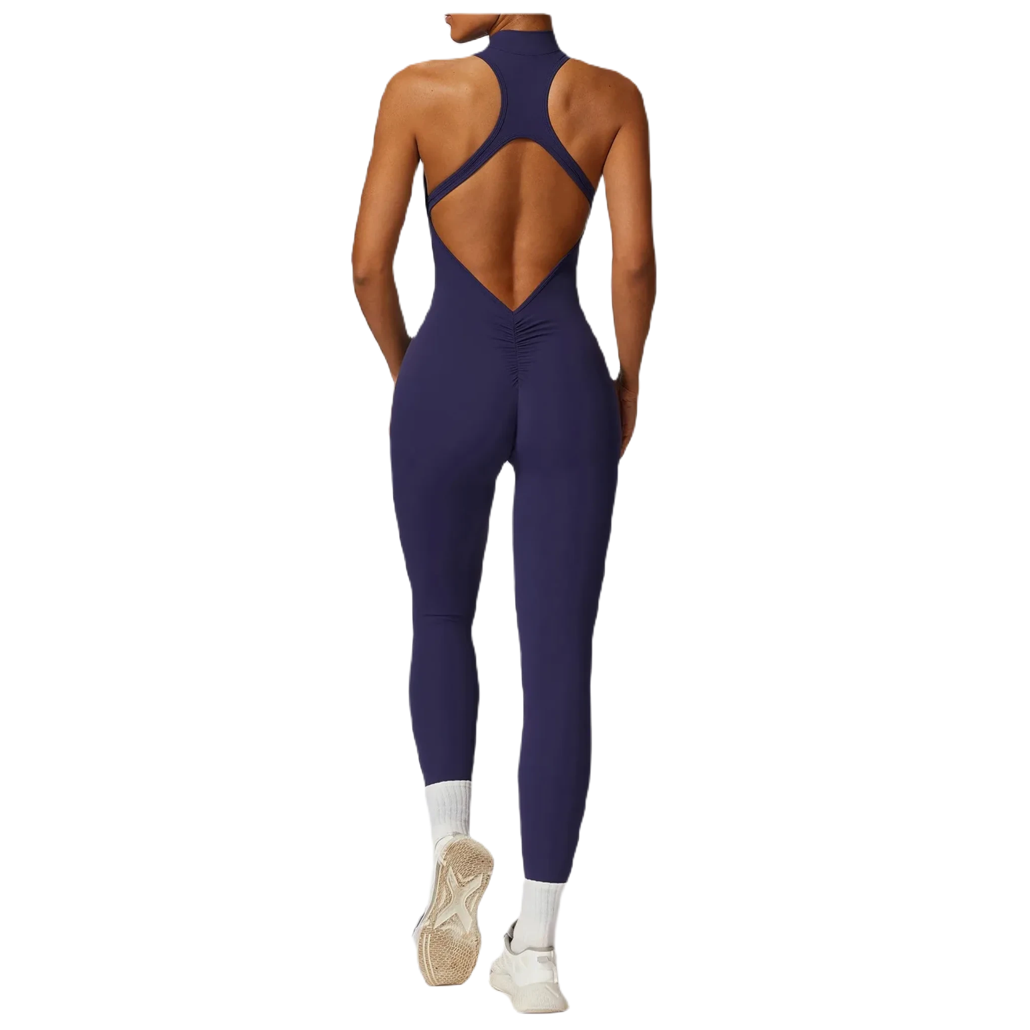 Xooie Fit women's workout onesie in navy back view with a zip front and sleek design for comfort and style