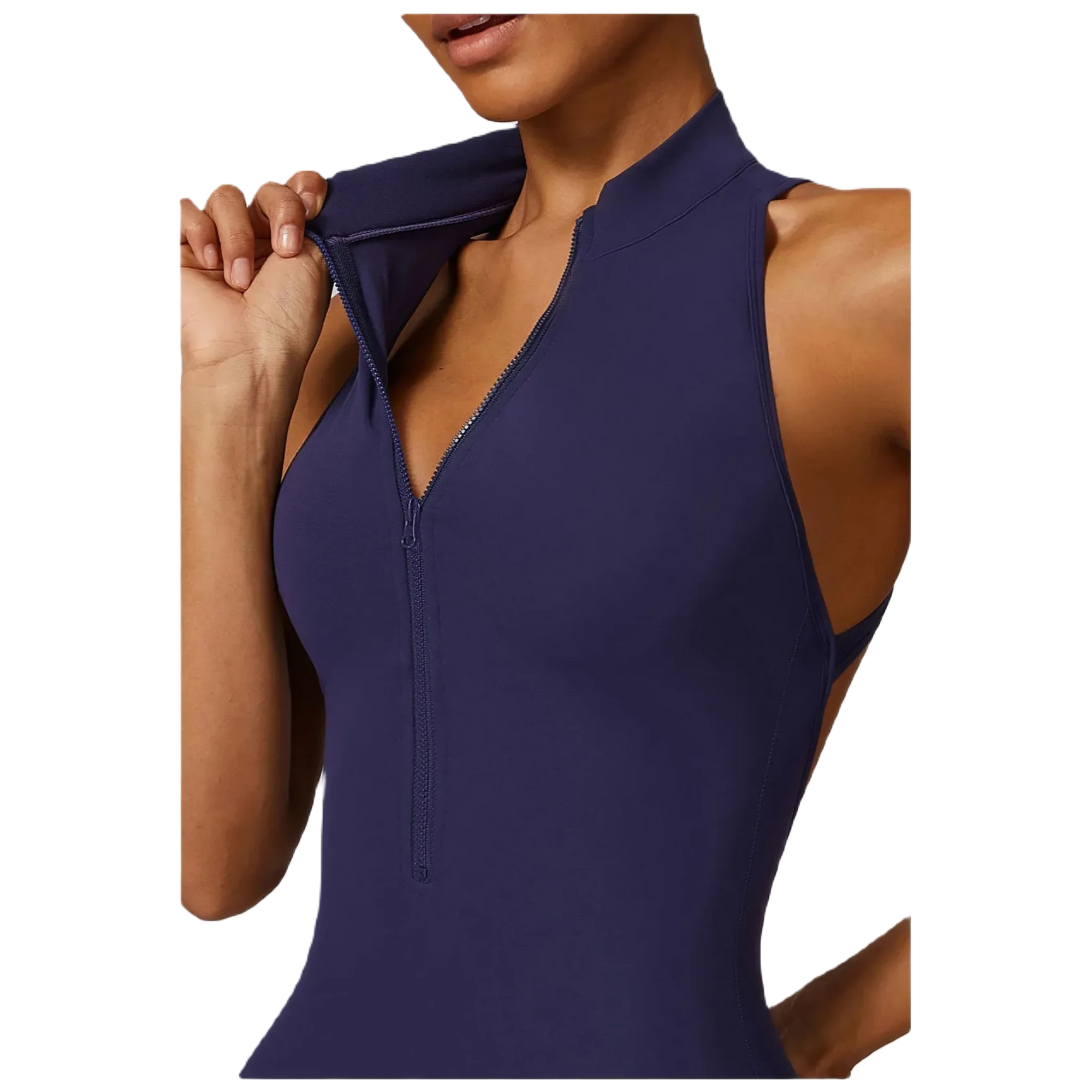 Xooie Fit women's workout onesie in navy close up with a zip front and sleek design for comfort and style