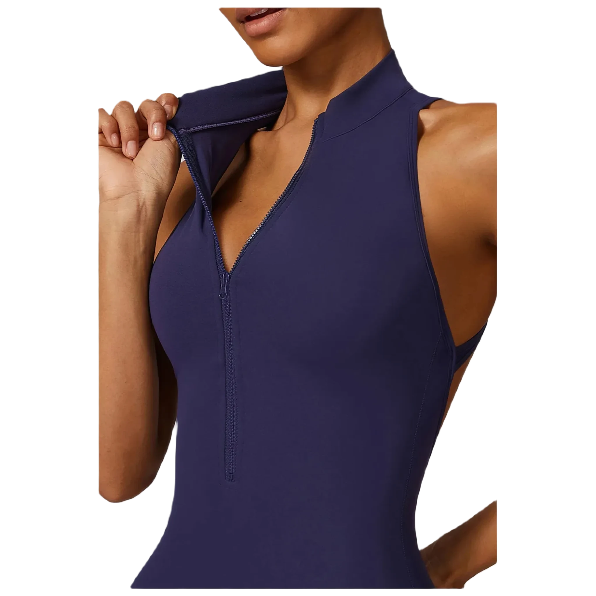 Xooie Fit women's workout onesie in navy close up with a zip front and sleek design for comfort and style