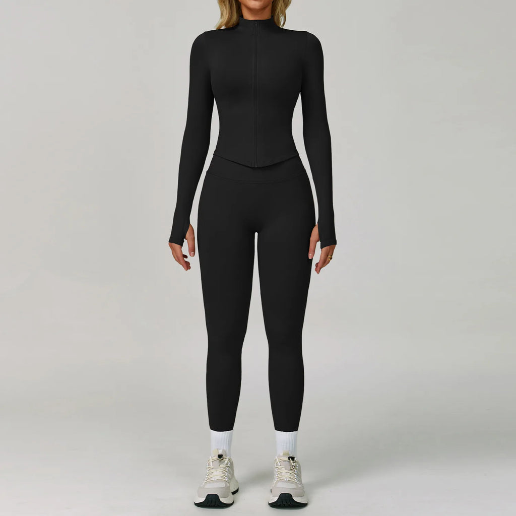 Xooie Fit women's workout set in black featuring long sleeves and fitted leggings