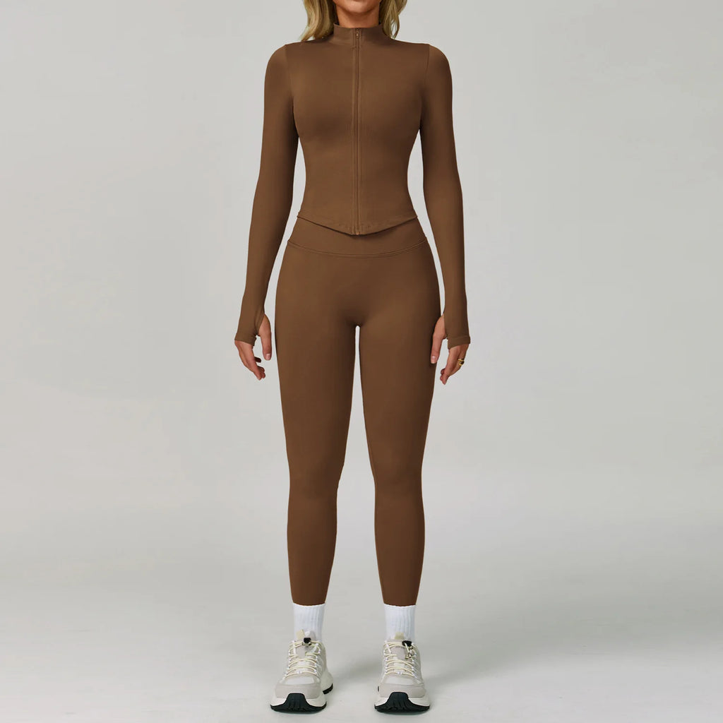 Xooie Fit women's workout set in brown featuring a long sleeve top and snug leggings