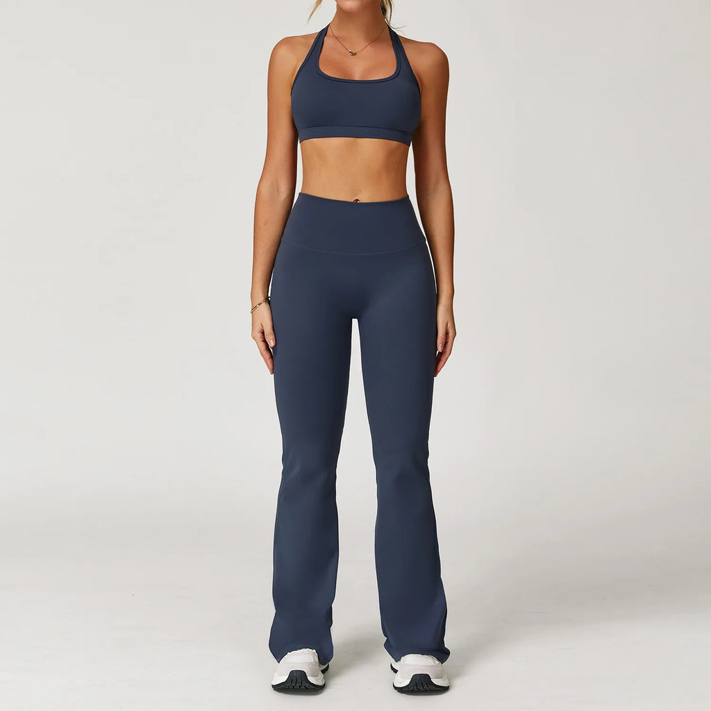 Xooie Fit women's workout set flared pants in navy blue two-piece activewear outfit