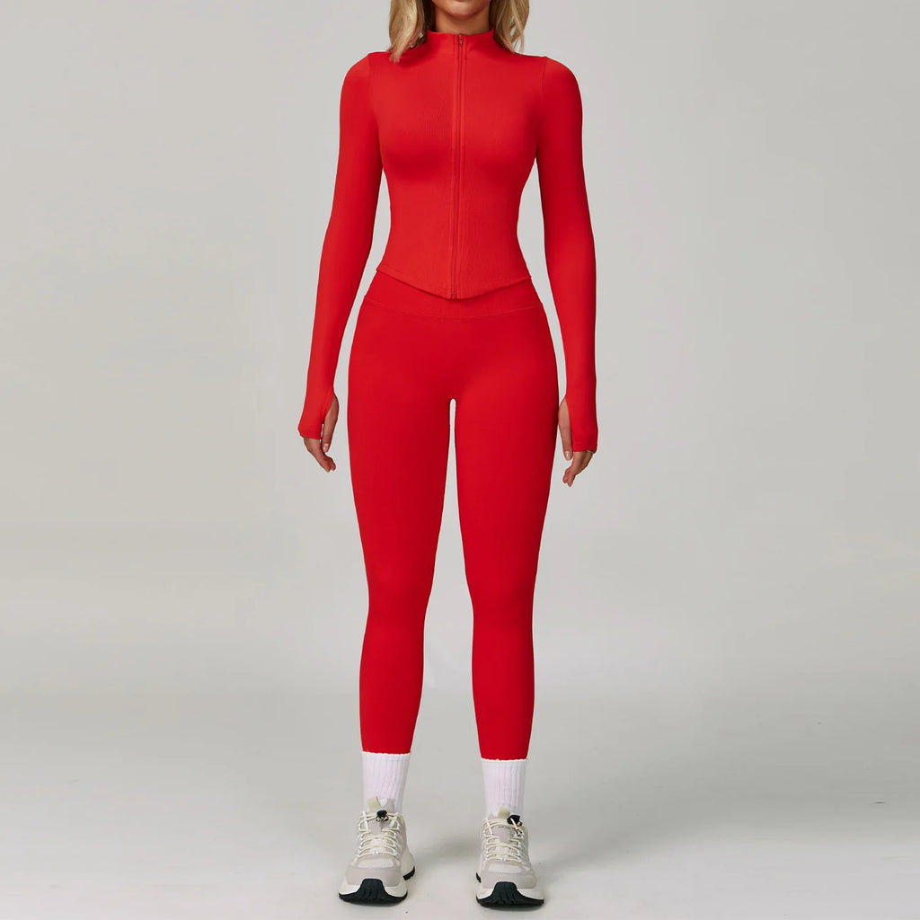 Xooie Fit women's workout set in vibrant red featuring a full zip top and form-fitting leggings