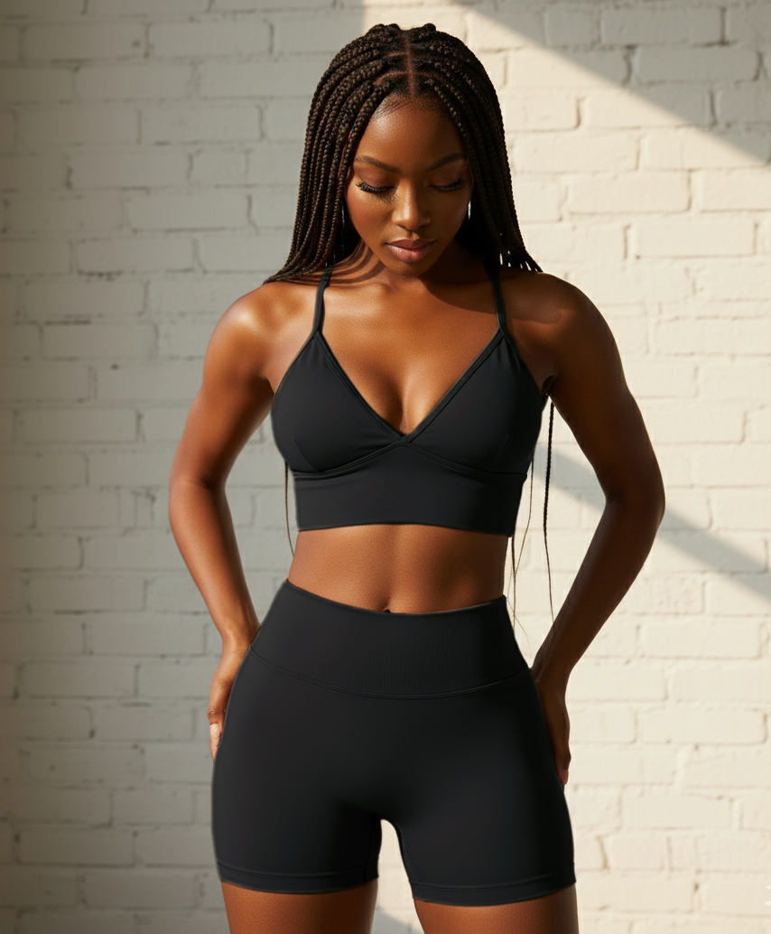 Xooie Fit women's workout set sports bra and shorts in black for stylish and comfortable training