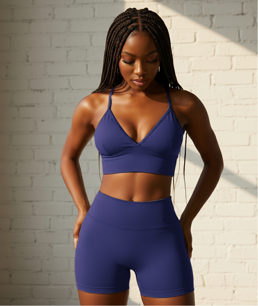 Xooie Fit women's workout set sports bra and shorts in deep blue for comfortable training