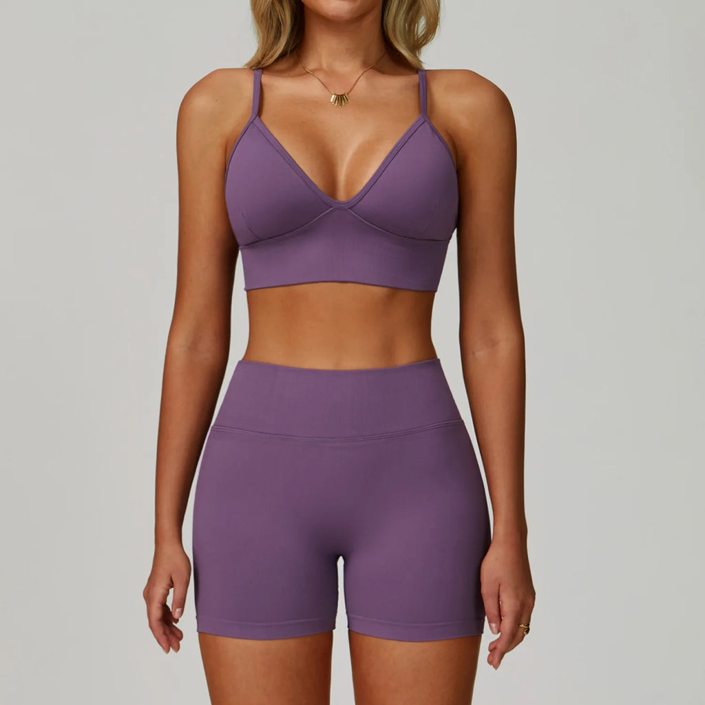 Xooie Fit women's workout set sports bra and shorts in purple for comfortable workouts