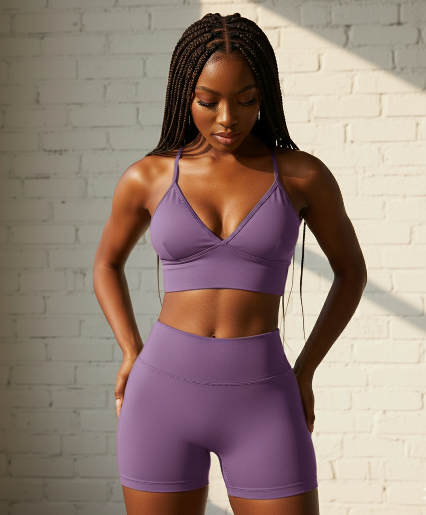 Xooie Fit women's workout set sports bra and shorts in purple for comfortable exercise sessions