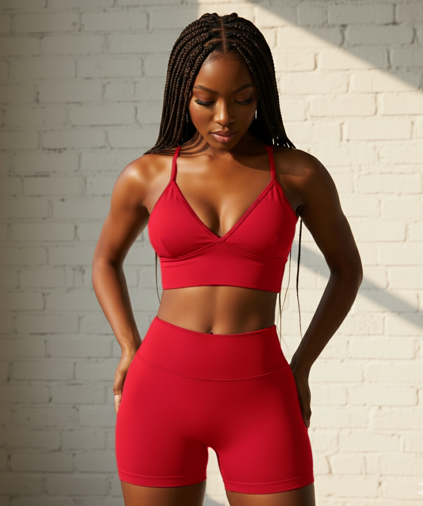 Xooie Fit women's workout set sports bra and shorts in vibrant red, perfect for activewear and gym sessions