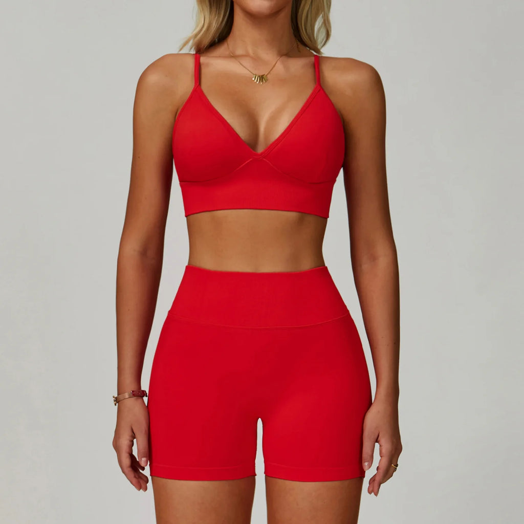 Xooie Fit women's workout set sports bra and shorts in vibrant red for stylish activewear
