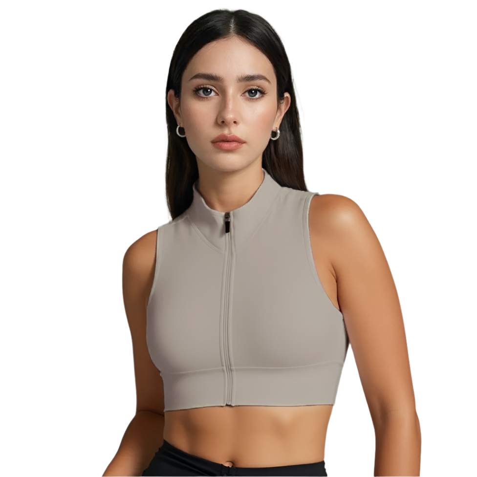 Xooie Fit women's zipper crop top in beige, designed for style and comfort during workouts