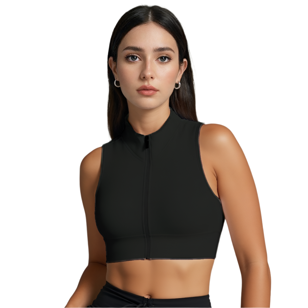 Xooie Fit women's zipper crop top in black with a sleek and modern design for active wear